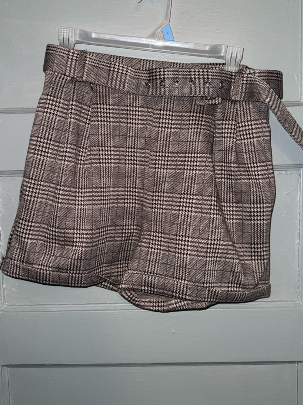 Plaid Belted Mini Skirt in Brown and Black